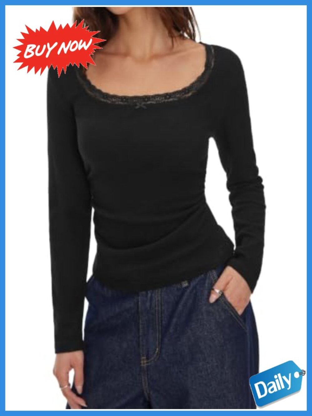 Lace Trim Scoop Neck Ruched Waist Long Sleeve Ribbed Knit Top